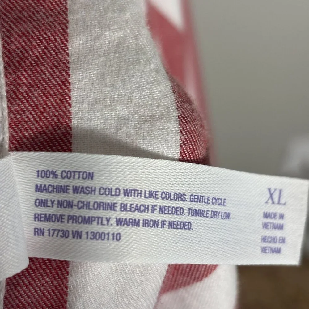 Red & White Striped Button-Down Nightshirt Stars Above Long Sleeves Flannel XL - Picture 9 of 11